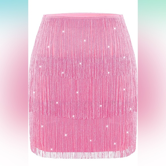 MANER Fringe Skirt Stretchy Sparkly Tassel Mini Skirt Pink Pony Club Swiftie - Picture 1 of 7